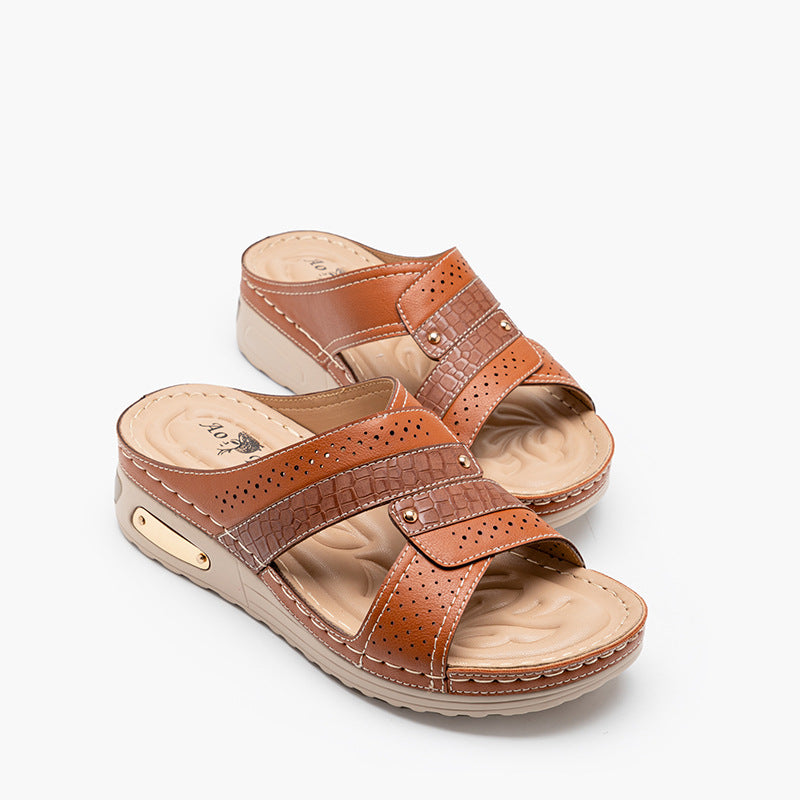 Women's Rivet-Detail Wedge Thong Sandals