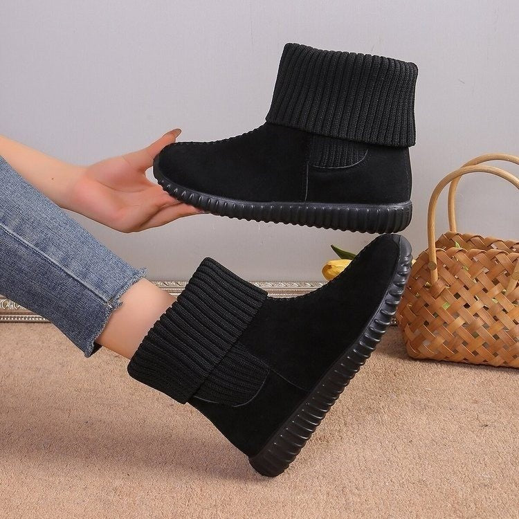 Women's Flat Ankle Boots with Knitted Detail