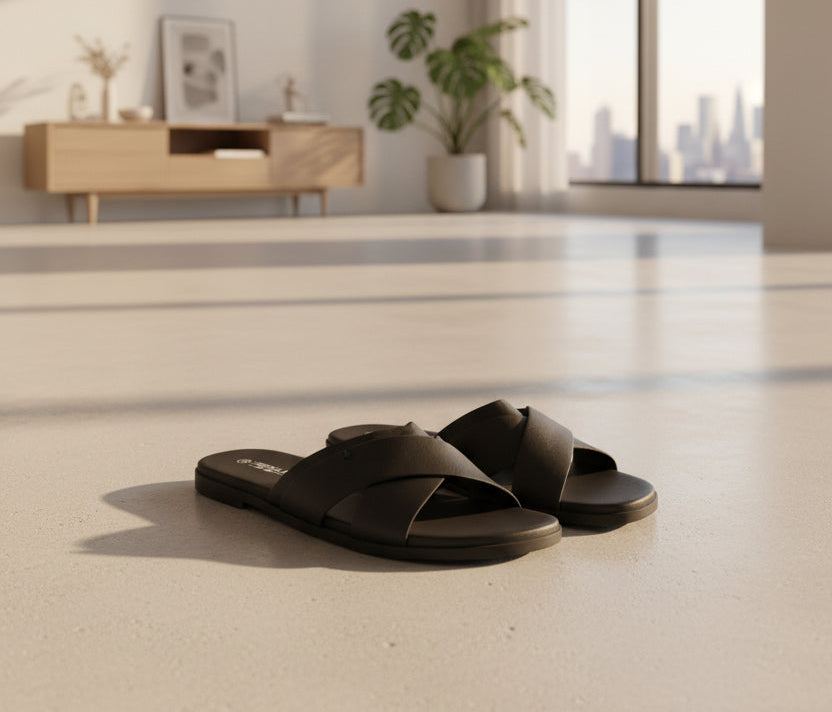 A pair of black slide sandals with wide crisscross straps, shown on a dark wood floor. The brand name 'ST.