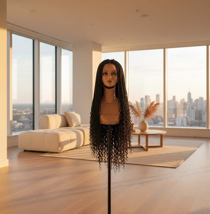A long, dark curly wig displayed on a mannequin head stand in an indoor room with a white door, patterned wallpaper, and dark wood floor.