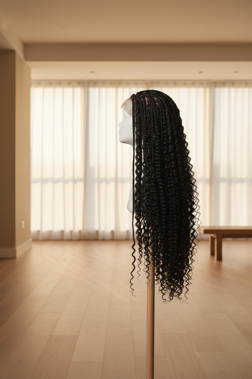 A long, dark curly wig displayed on a mannequin head stand against a white patterned curtain and dark wood floor.