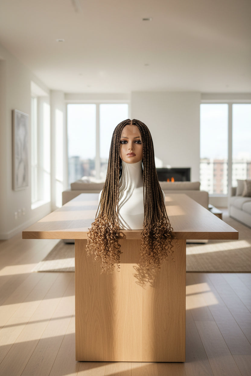 A long, curly wig displayed on a mannequin head stand against a white textured wall. The wig has dark brown roots that fade into lighter brown ends, with a black lace front.