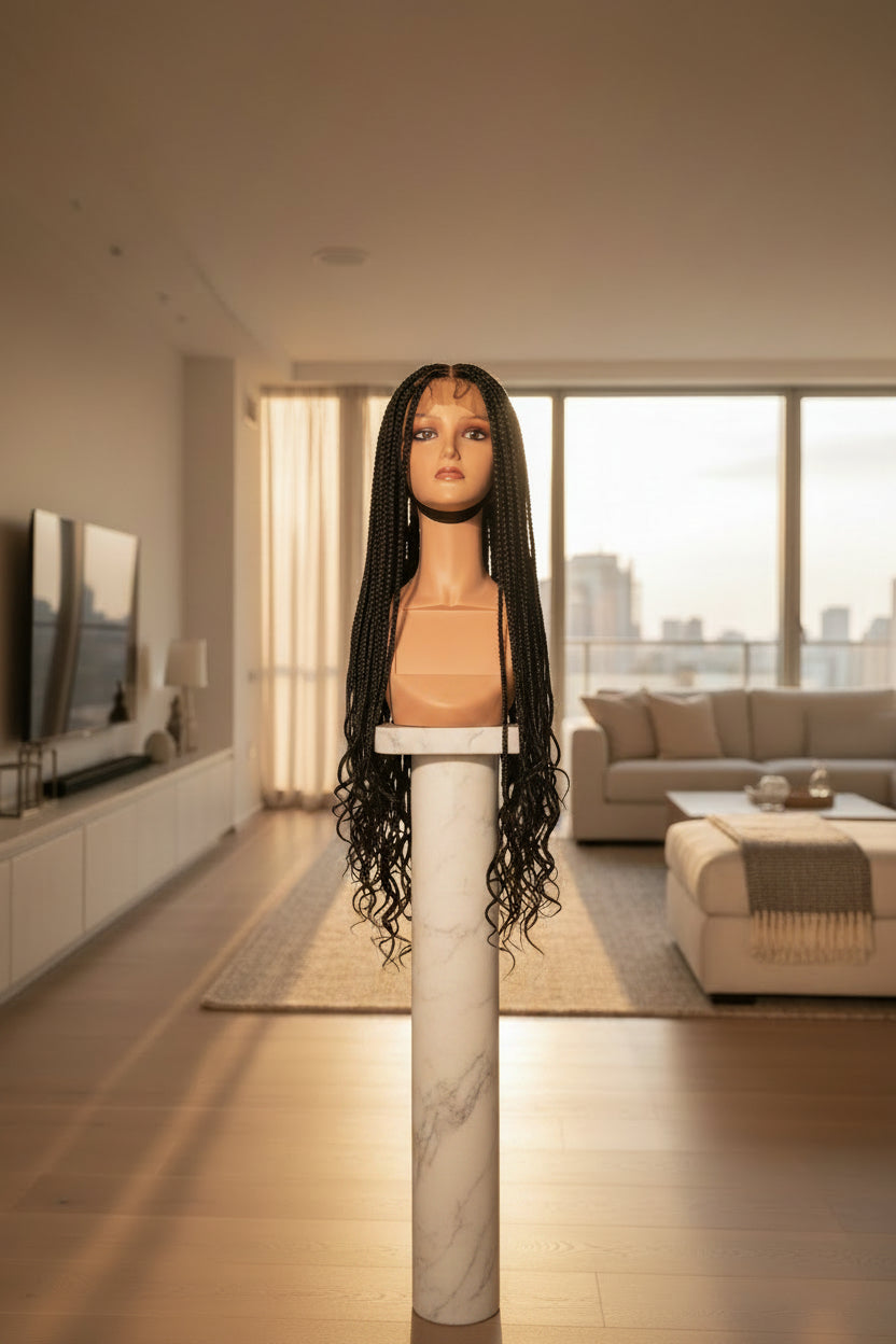 A long, dark curly wig displayed on a mannequin head stand against a white textured wall.