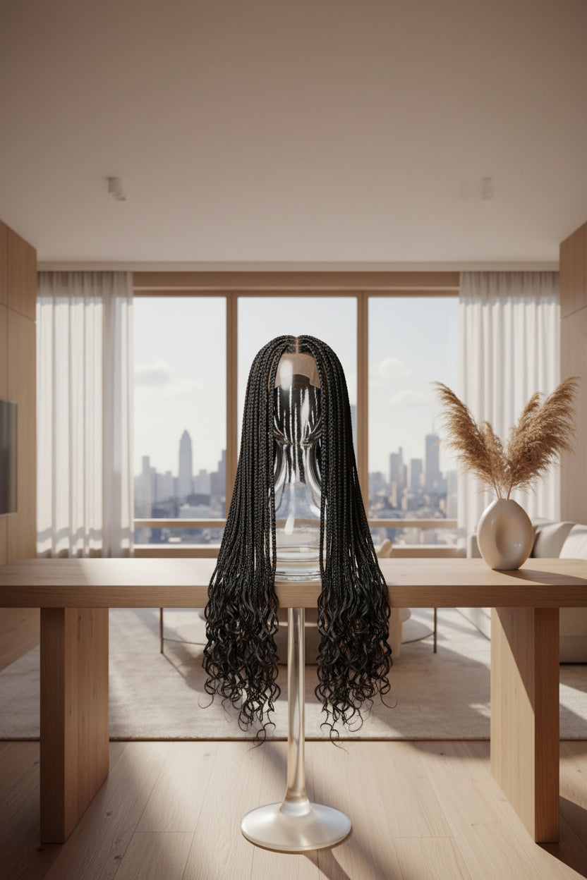 Long black box braids or synthetic braided hair extensions displayed on a mannequin head against a light patterned wall.