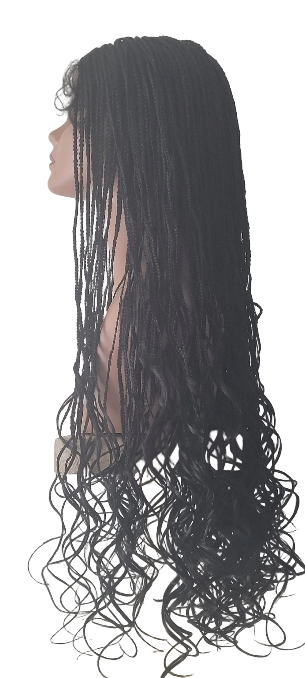 Long black synthetic braided hair extension with tight box braids transitioning into loose, wavy curls, displayed on a mannequin head against a light gray patterned background.