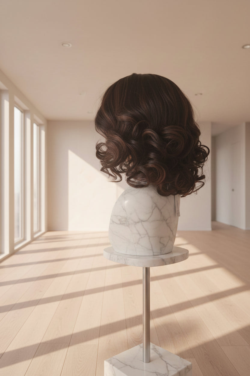 A short, dark brown curly wig displayed on a mannequin head stand against a light patterned wall.