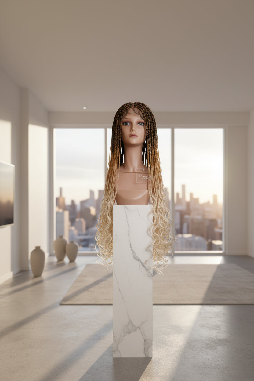 A long wavy wig with dark roots and blonde-to-brown ombre ends, displayed on a mannequin head stand against a white textured wall.