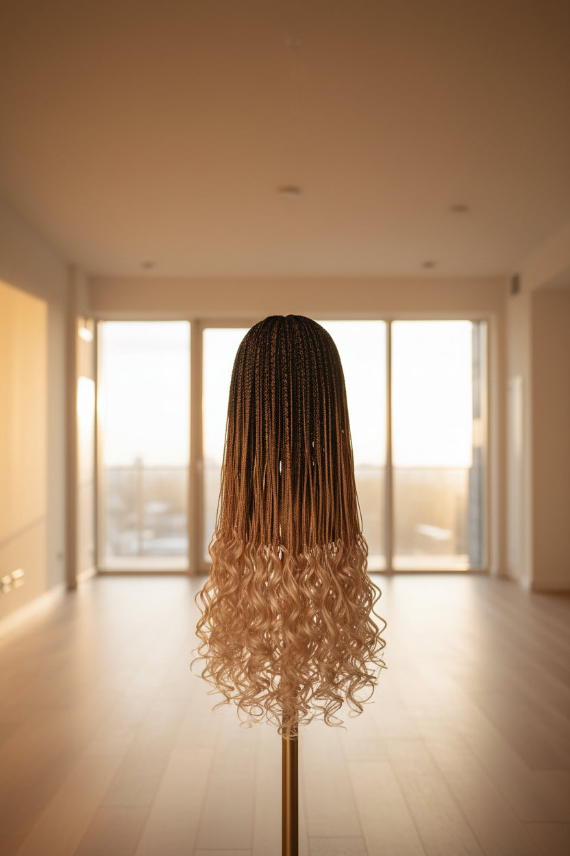 A long wavy wig with a dark brown to blonde ombré color transition, displayed on a stand against a white patterned wallpaper background.