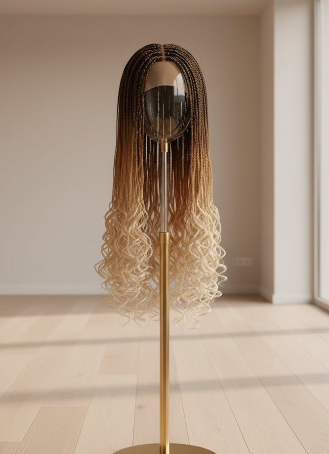 A long wavy wig with an ombré color transition, featuring dark brown roots that fade into warm light brown and then blonde ends, displayed on a stand against a textured white wall.