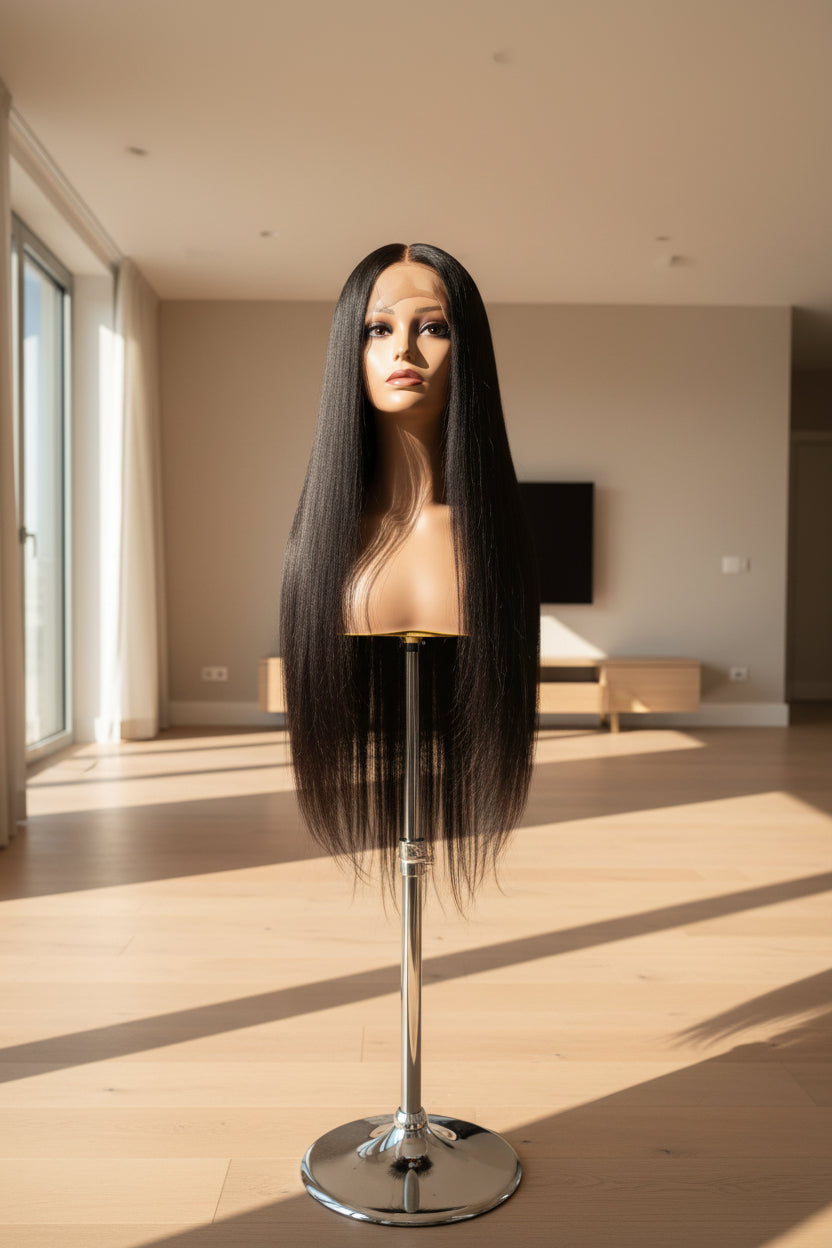 A long, straight black wig displayed on a mannequin head stand against a white textured wall.