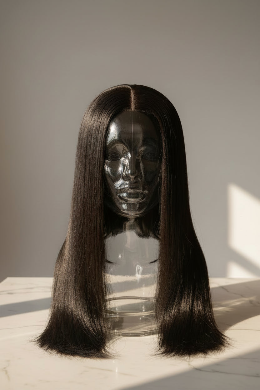 A long, straight black wig displayed on a mannequin stand against a light gray patterned wall.