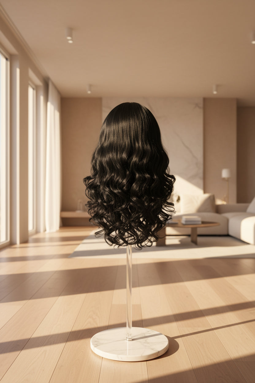 Long black wavy wig with loose curls, displayed on a mannequin stand against a light patterned wall.