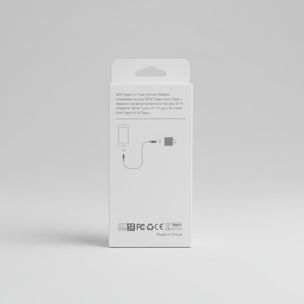 A white rectangular product box for a 200W Type-C to USB Power Adapter, photographed on a textured gray fabric surface. The back of the box features a simple line drawing of a smartphone connected to the adapter and a power plug, with regulatory marks and 'Made in China' text near the bottom.