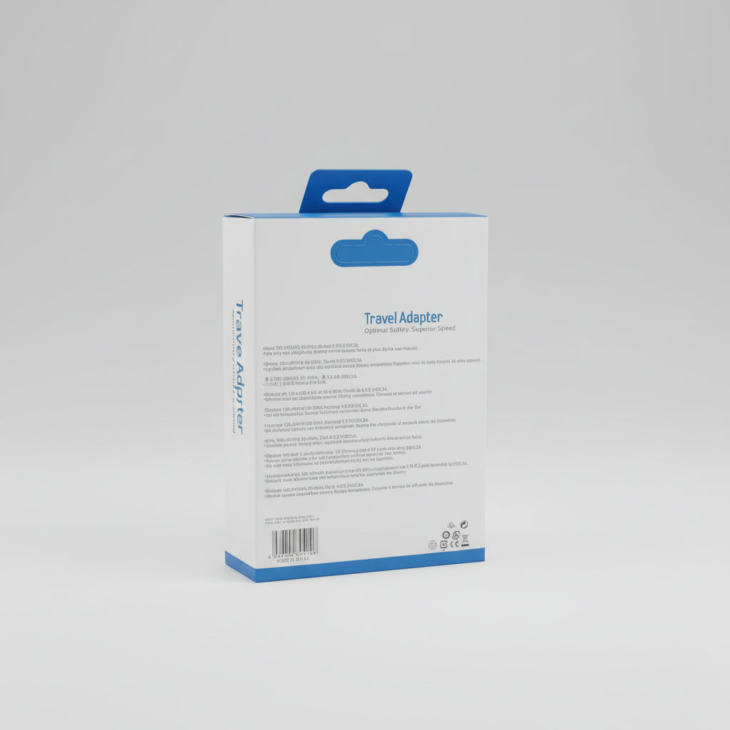 A white and blue retail box labeled 'Travel Adapter' placed on gray fabric upholstery.