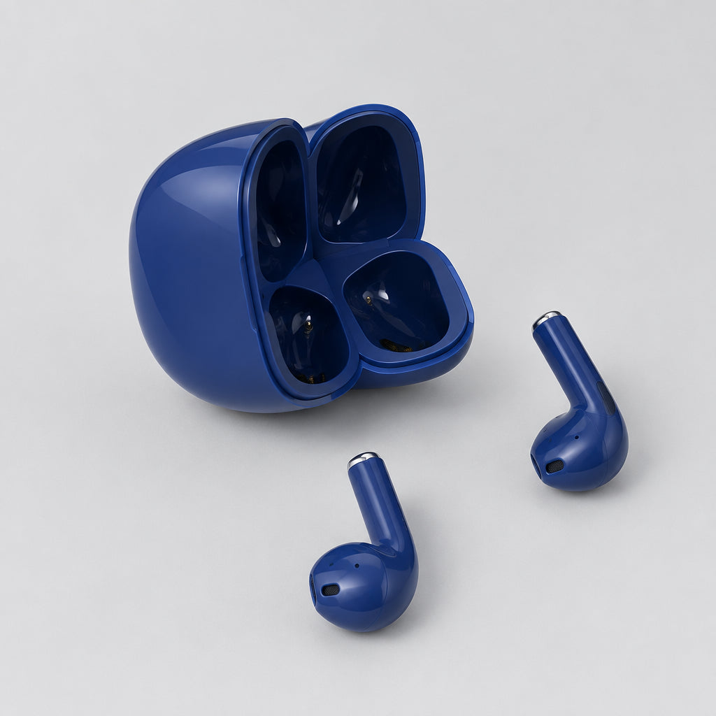 Blue wireless earbuds and their open charging case on a plain off-white surface.