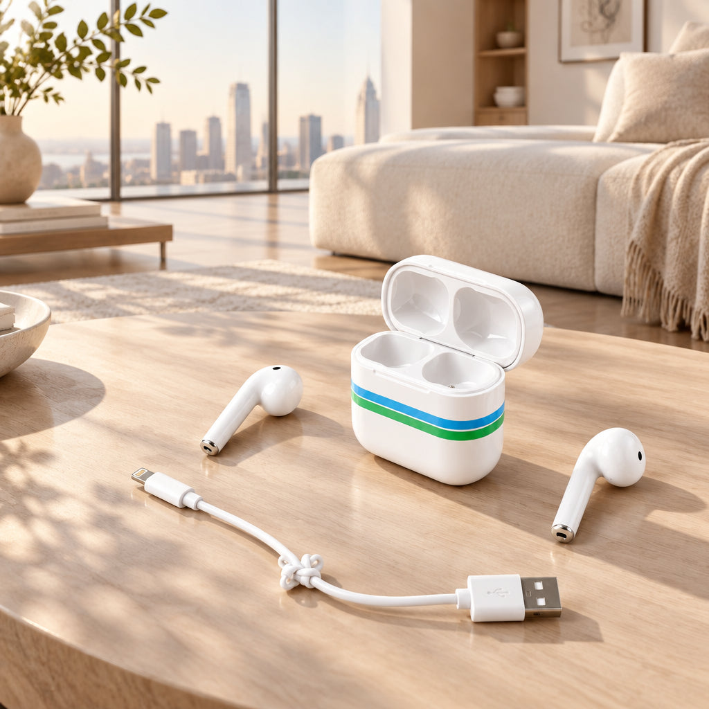 White wireless earbuds with a charging case, a white USB charging cable, and a blue LED indicator light, laid out on a light off-white surface.