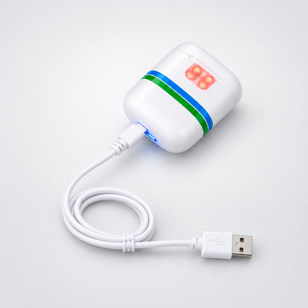 A small white USB charging device with a built-in USB-C cable, featuring a translucent lid with a glowing red light and blue and green accent stripes, shown on a plain off-white surface.