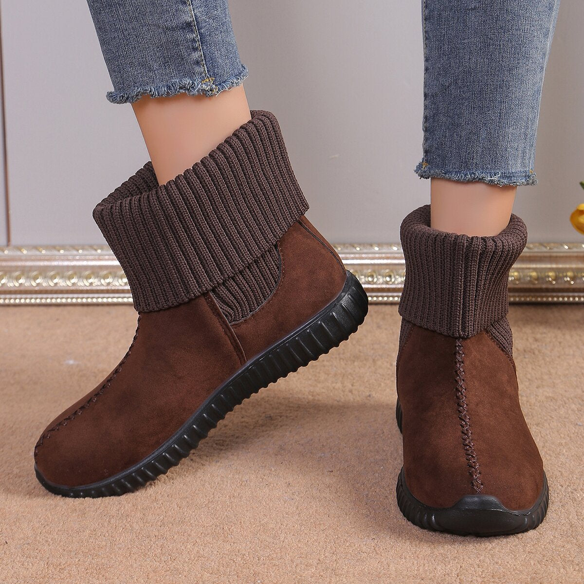 Women's Flat Ankle Boots with Knitted Detail