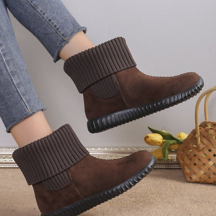Women's Flat Ankle Boots with Knitted Detail