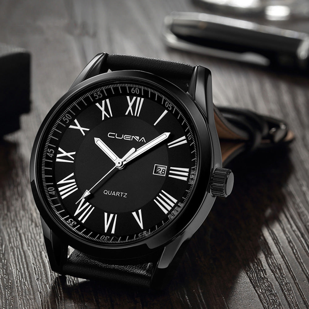 Men's Leather-Strap Quartz Watch