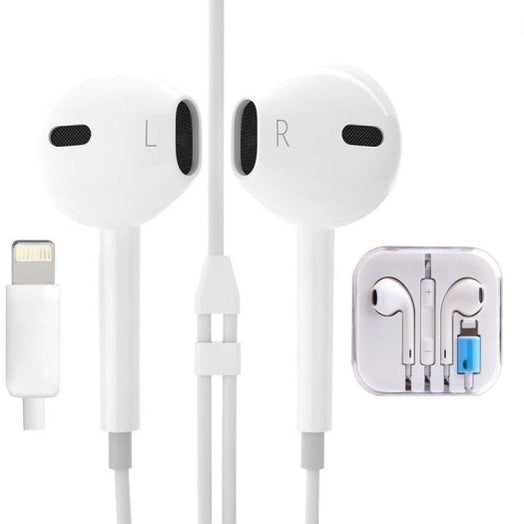 White wired earbuds with an inline remote and a Lightning connector shown beside a small inset of the earbuds in a clear plastic case.