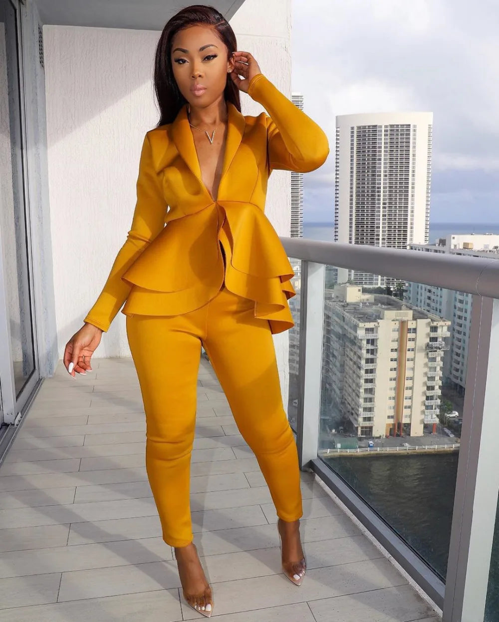 Women's Ruffle Top & Fitted Pants Set