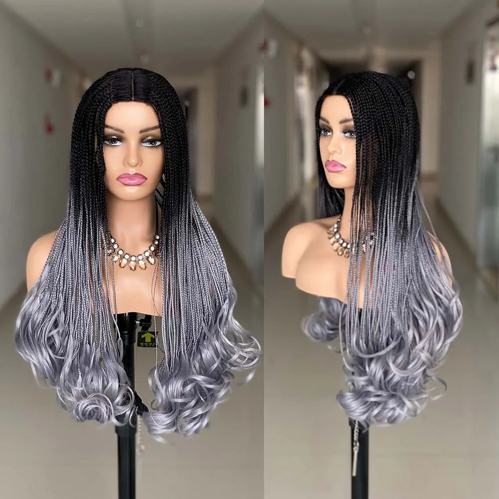 New Fashion Long Braided Wig Synthetic Box Braid Wig Wavy Weave Ombre - OSASCO