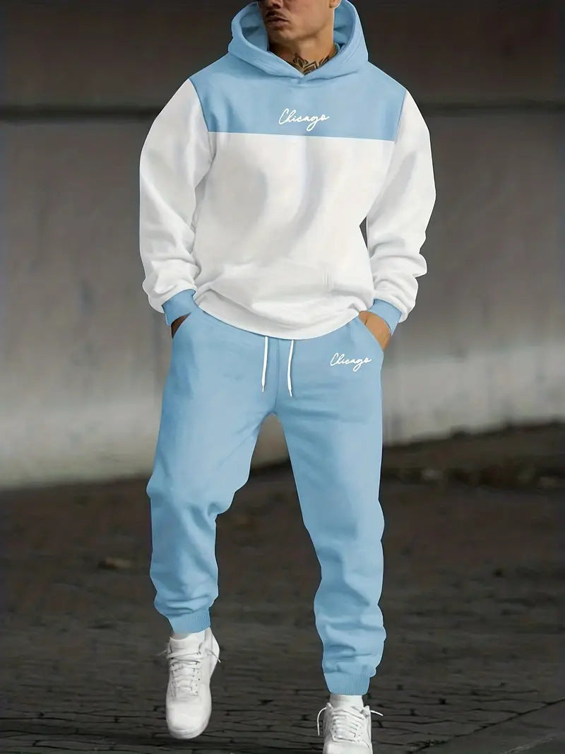 Men's Colour-Block Graphic Hoodie and Pants Set