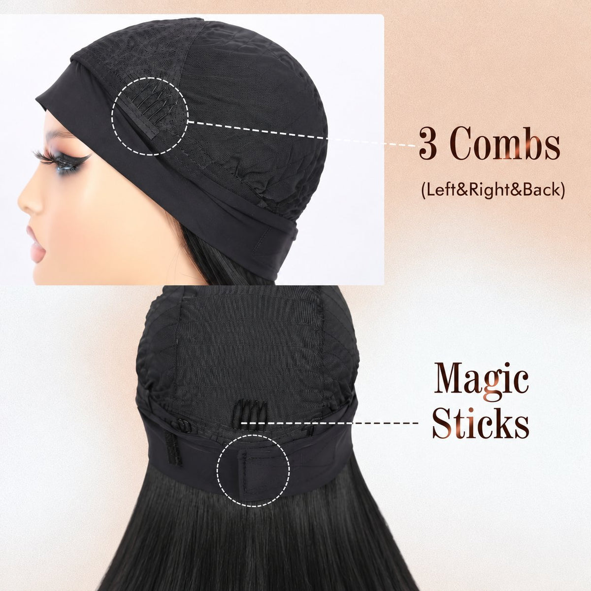 Perruque bandeau longue et lisse noire, 16–34 pouces