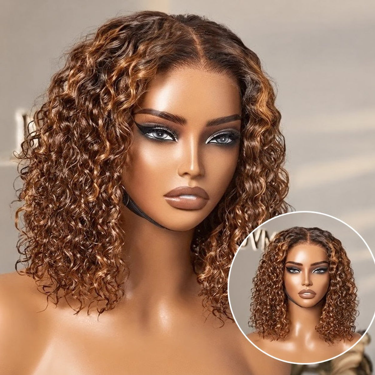 Perruque synthétique courte et bouclée avec lace frontale