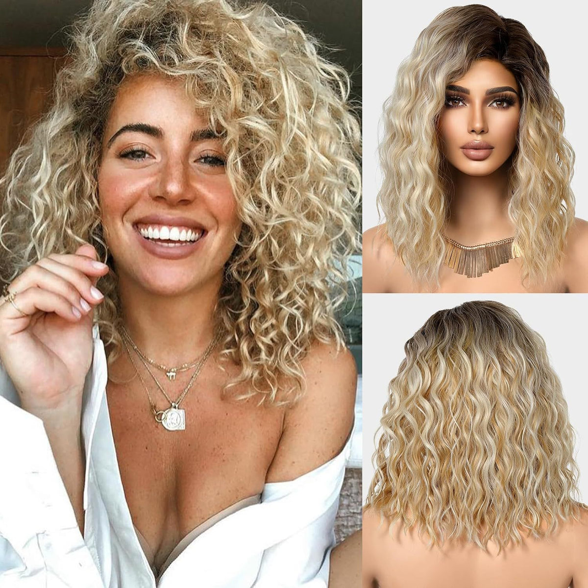 Perruque synthétique courte et bouclée avec lace frontale