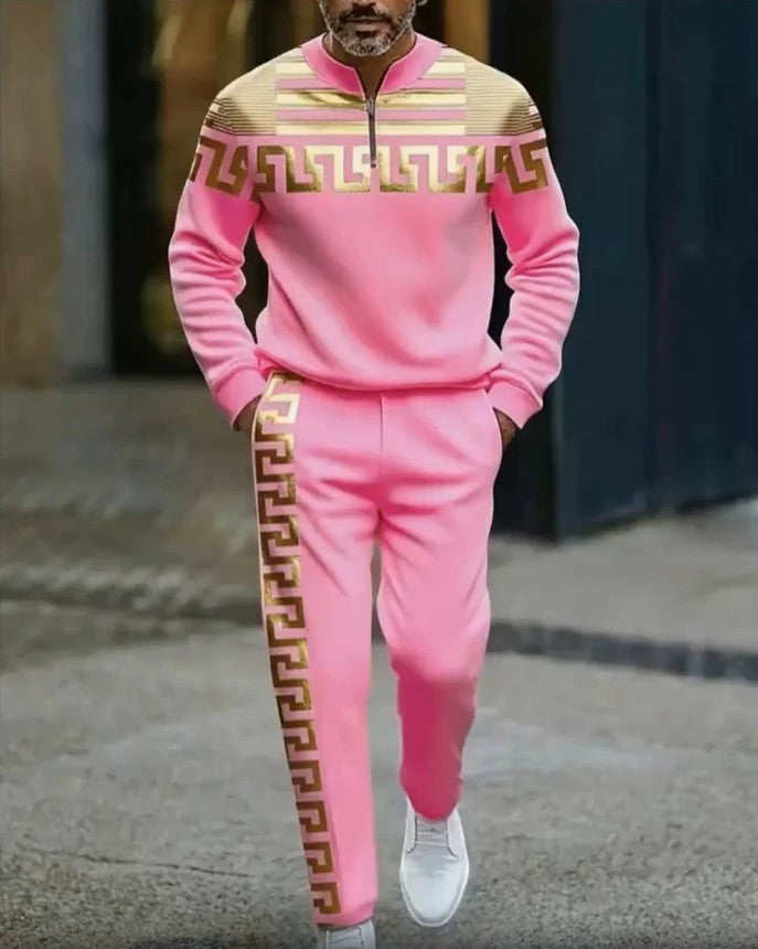 Men's Patterned Half-Zip Top and Pants Set