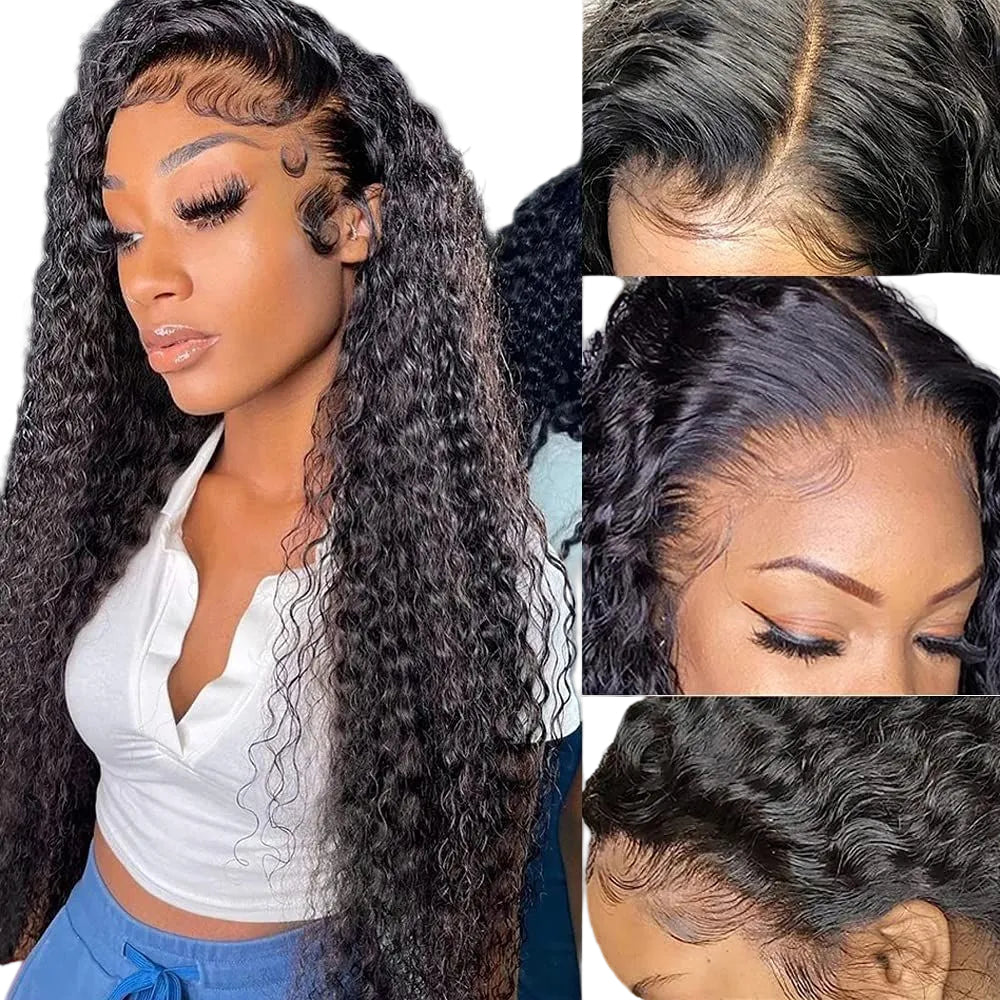 A collage showing a woman wearing a long, dark curly wig with deep wave curls and three close-up inset views of the hairline and crown showing the wig's texture and part styling.