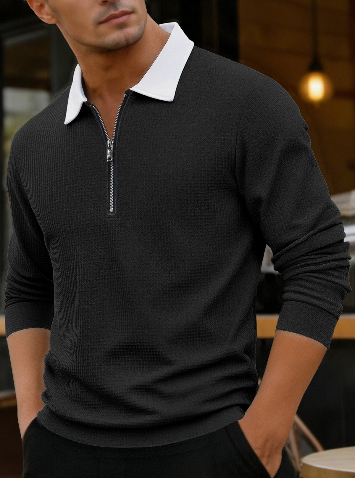Men's Waffle-Knit Zip-Neck Polo Shirt