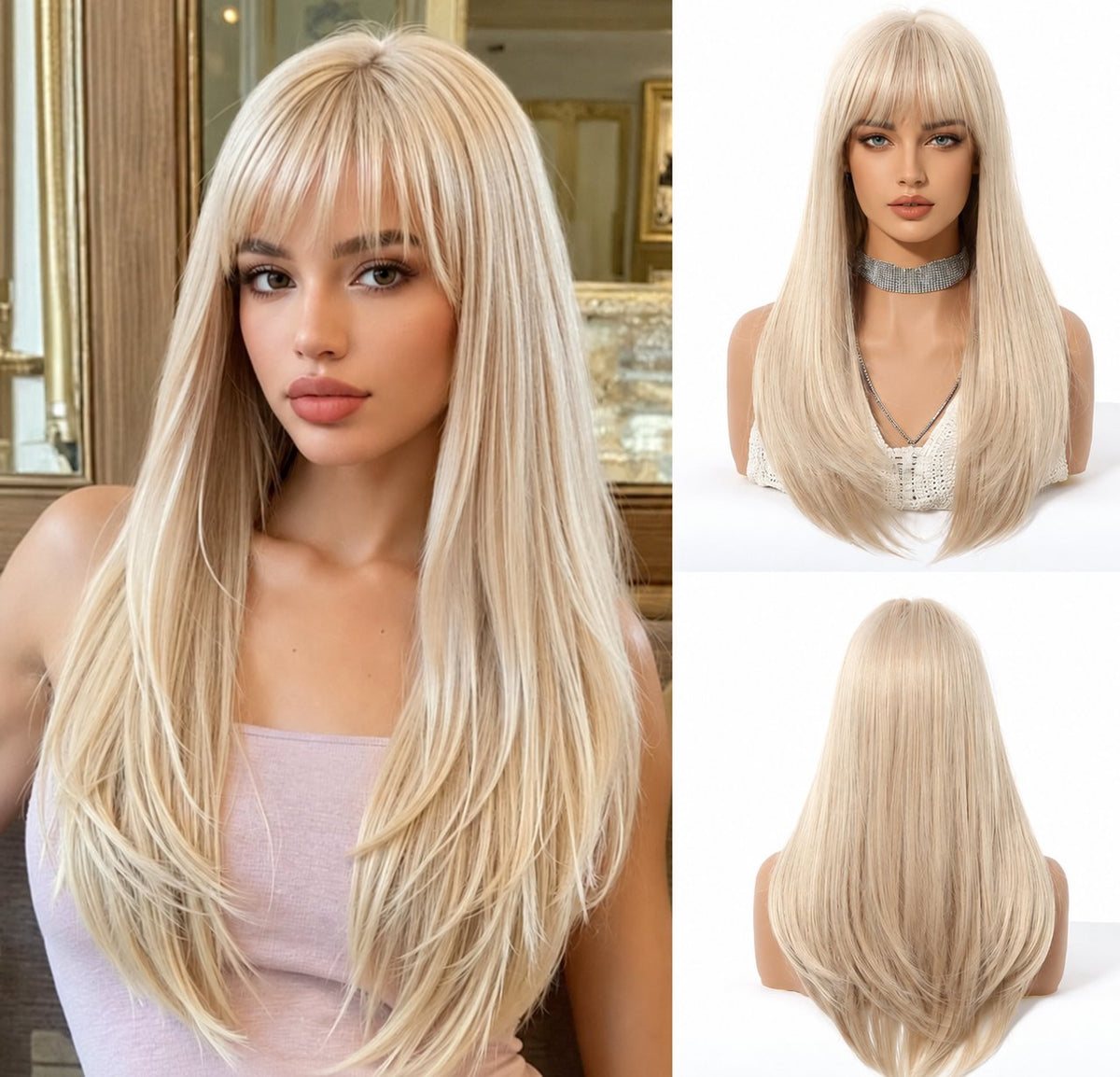 Long straight blonde wig with bangs, shown on a model in a salon-like interior and on mannequin heads against a white background.