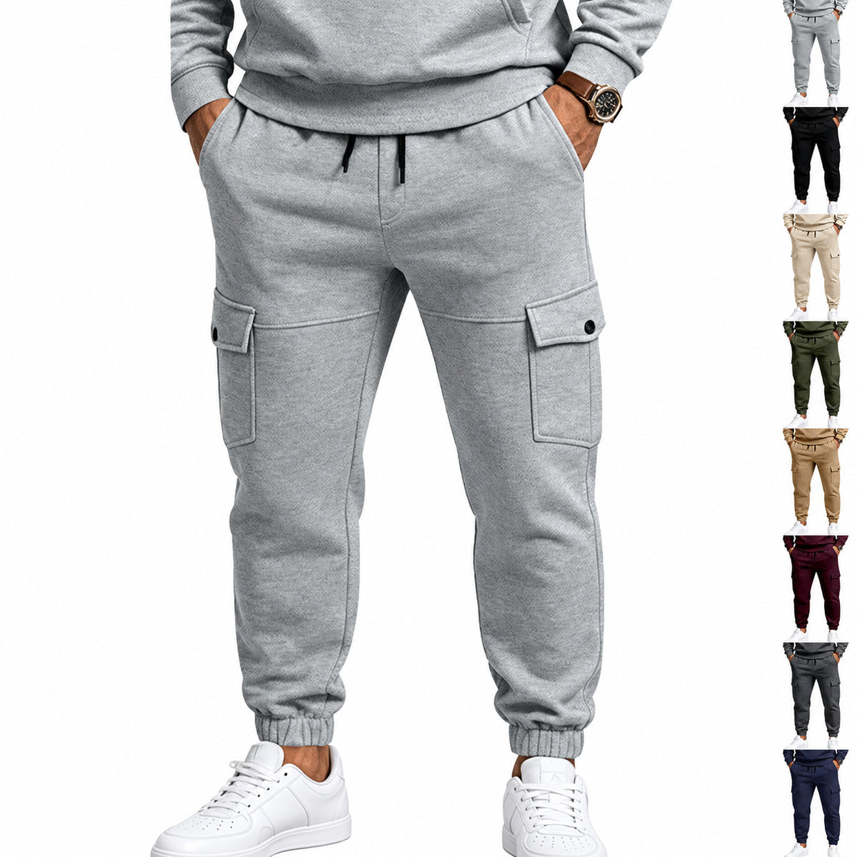 Grey fleece cargo sweatpants with cuffed hems and drawstring waist
