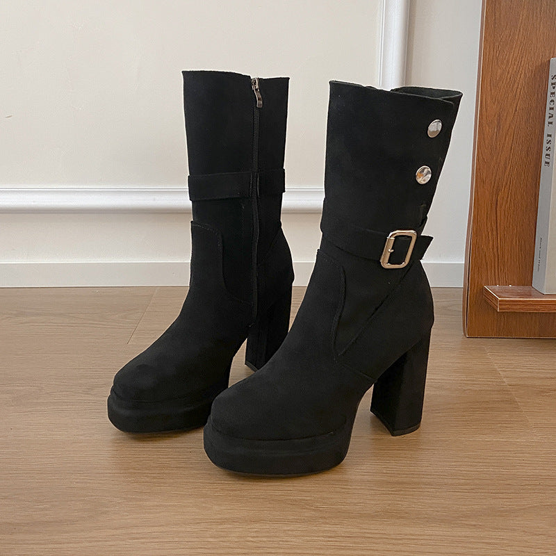 Women's Buckle Detail Platform Mid-Calf Boots