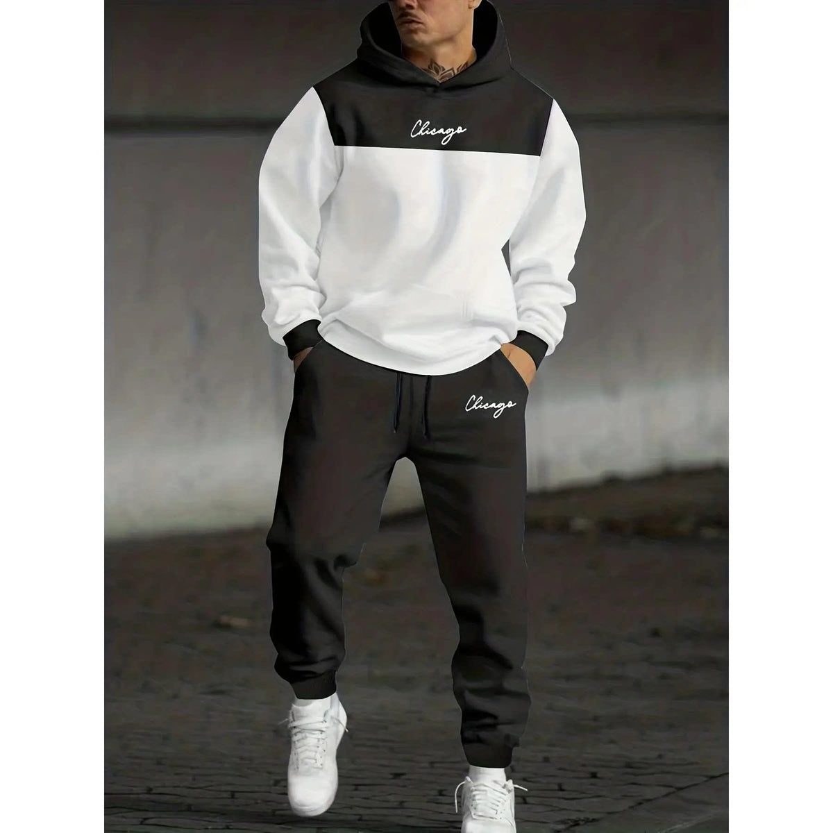 Men's Colour-Block Graphic Hoodie and Pants Set