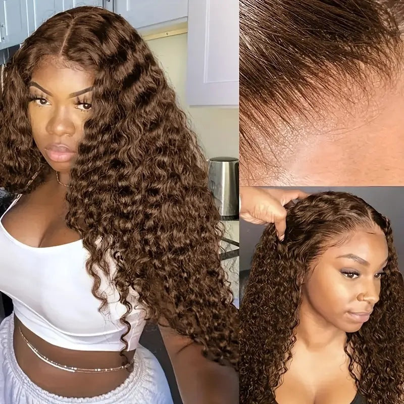 Woman with styled hair, close-up of hairline, and another view of styled hair.