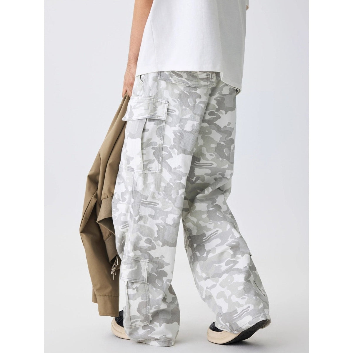 Unisex White Camouflage Wide-Leg Cargo Pants