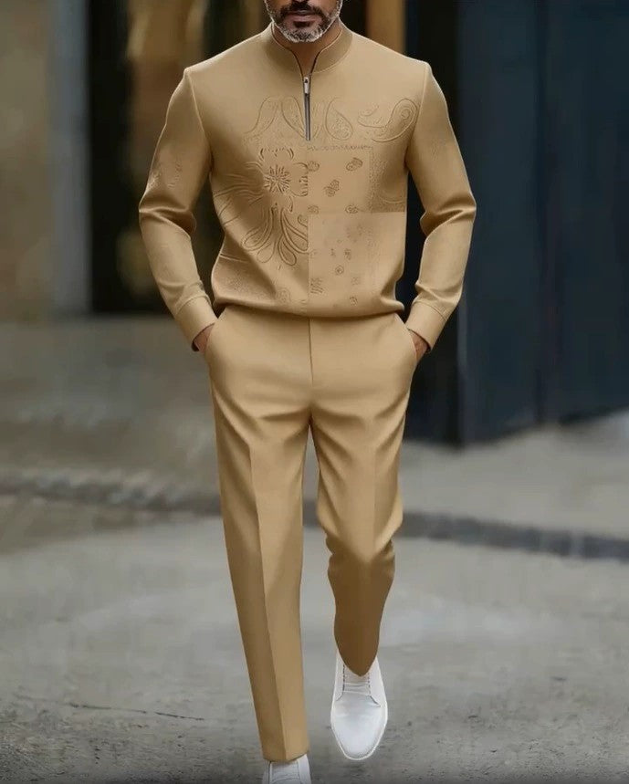 Men's Patterned Half-Zip Top and Pants Set