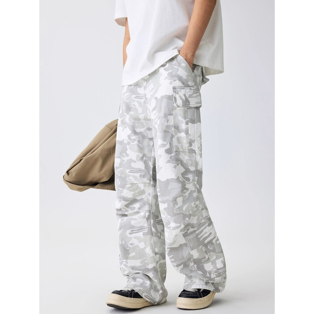 Unisex White Camouflage Wide-Leg Cargo Pants