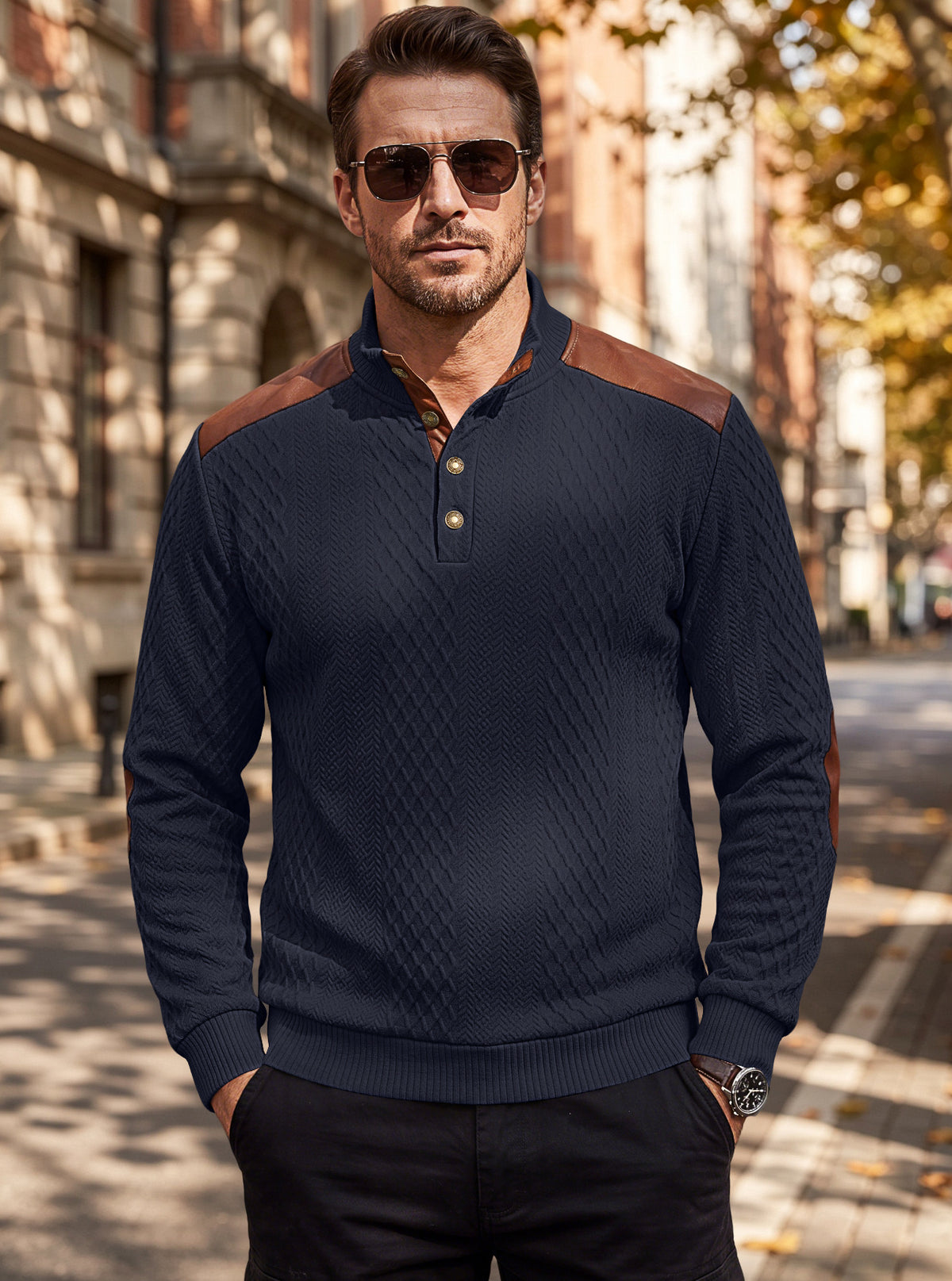 Men's Textured Panel Long-Sleeve Pullover