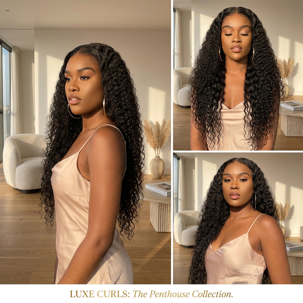 A three-panel collage showing a woman modeling a long, dark, curly wig indoors. The product being shown is the wig, and the visible color identity is very dark brown to black with subtle lighter brown highlights from lighting and texture.