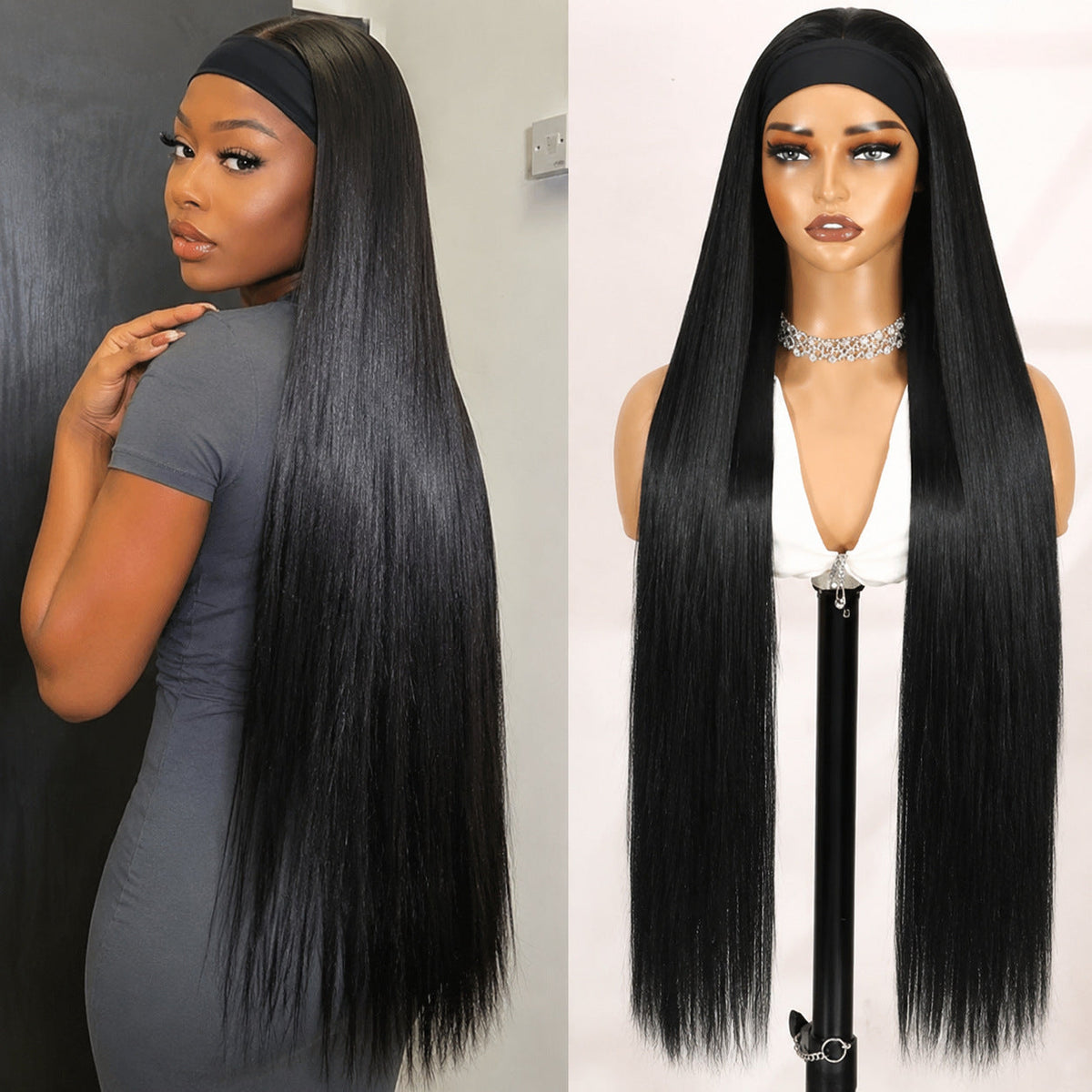 Perruque bandeau longue et lisse noire, 16–34 pouces