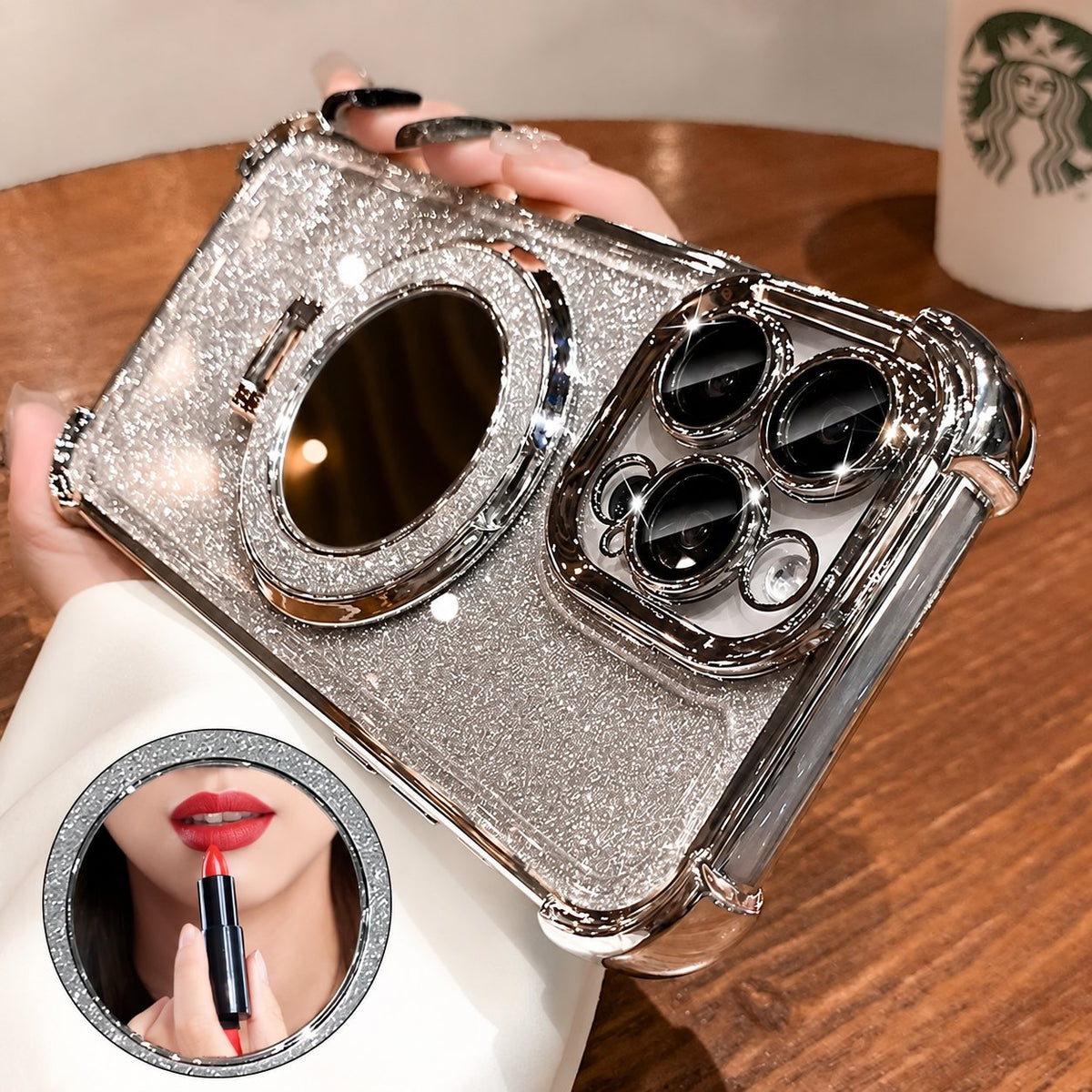 Coque avec support miroir pailleté pour iPhone 17/16/15 et modèles antérieurs