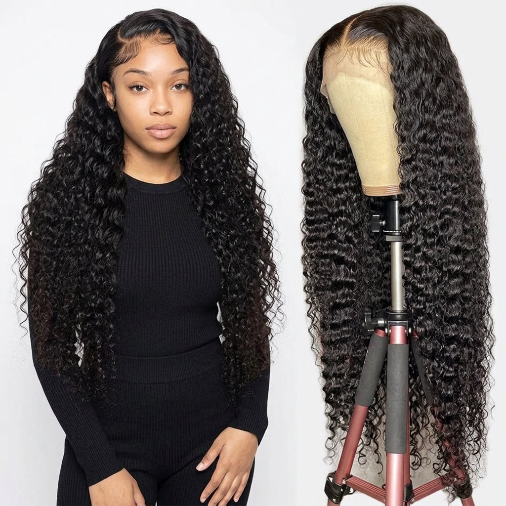 A long, dark curly wig displayed on a mannequin head and worn by a model, shown against a plain white background.