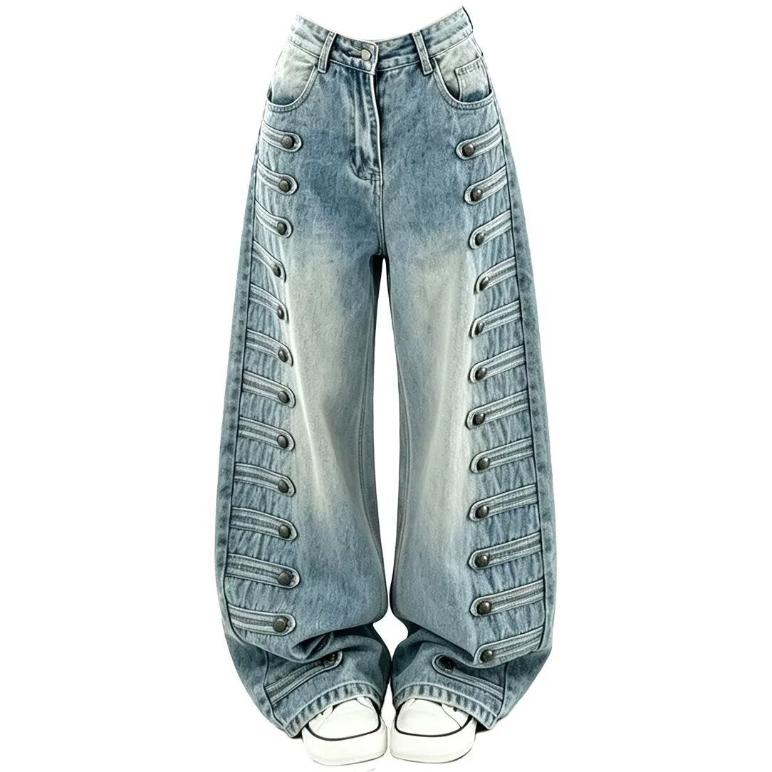 Unisex High-Waisted Embellished Wide-Leg Jeans