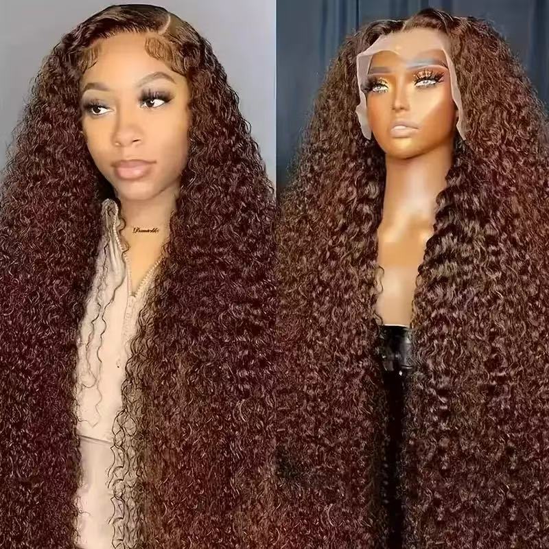 Brown curly wig on a mannequin head and a person wearing it.