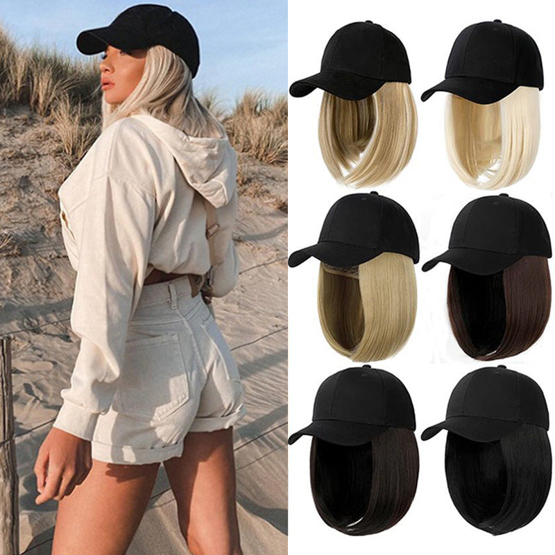 Wavy Bob Wig with Integrated Baseball Cap